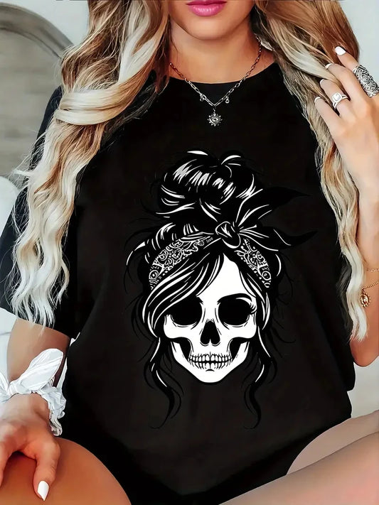 Sizes to 3XL Women's Casual T-Shirt - white skull with an Updo, black tee shirt