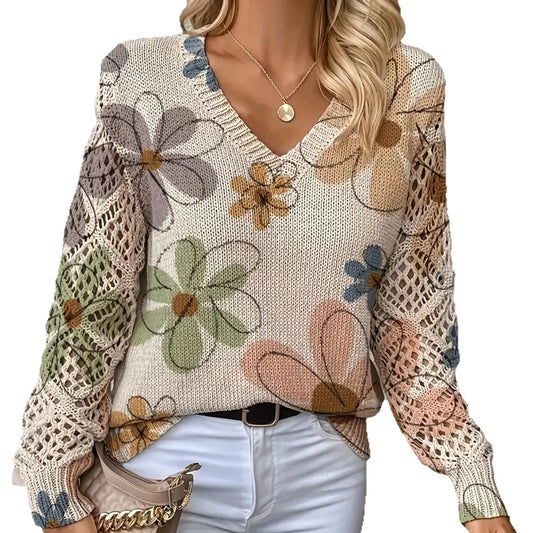 Boho Floral Print V Neck Crocheted Long Sleeved Sweater with Hollowed Out Knit Sleeves in 12 Different Designs
