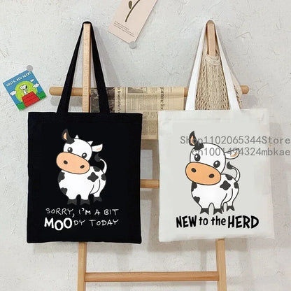 "Sorry I'm A Bit Moody Today" Canvas tote Bag Cartoon Cow Graphic Casual Handbag Side Bag
