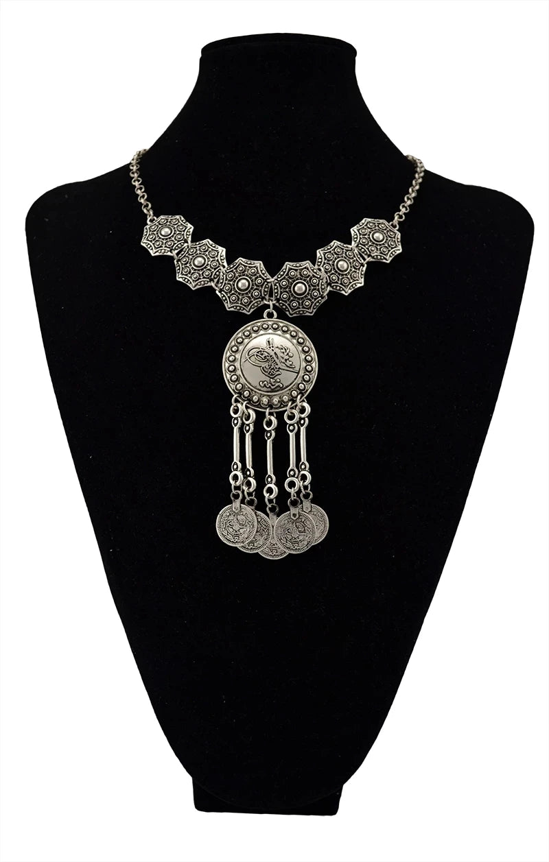 Bohemian Black Blue Stones, Coin tassel Necklace Turkish Gypsy Boho