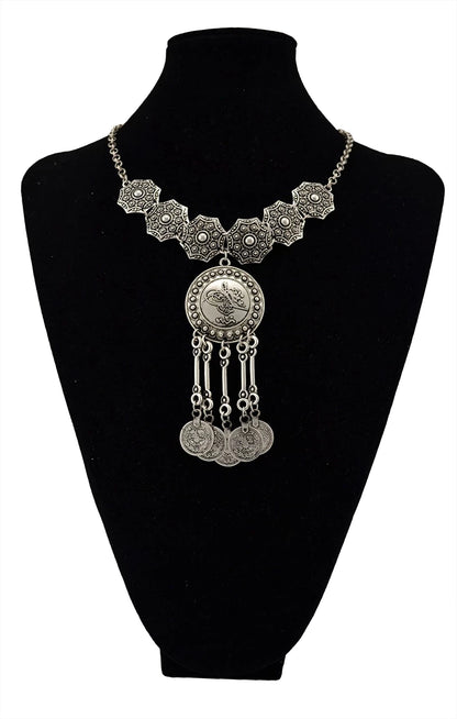 Bohemian Black Blue Stones, Coin tassel Necklace Turkish Gypsy Boho