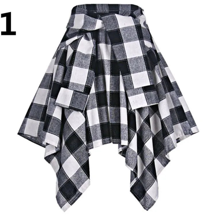 Sporty Street Style with Ruffle and Bow Tie Asymmetrical Hankie Hemline Elastic Waist, Plaid Patterned Skirt--Sizes 58 Centimeter Waist