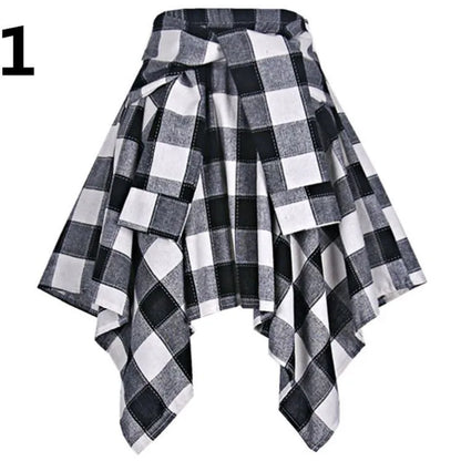 Sporty Street Style with Ruffle and Bow Tie Asymmetrical Hankie Hemline Elastic Waist, Plaid Patterned Skirt--Sizes 58 Centimeter Waist