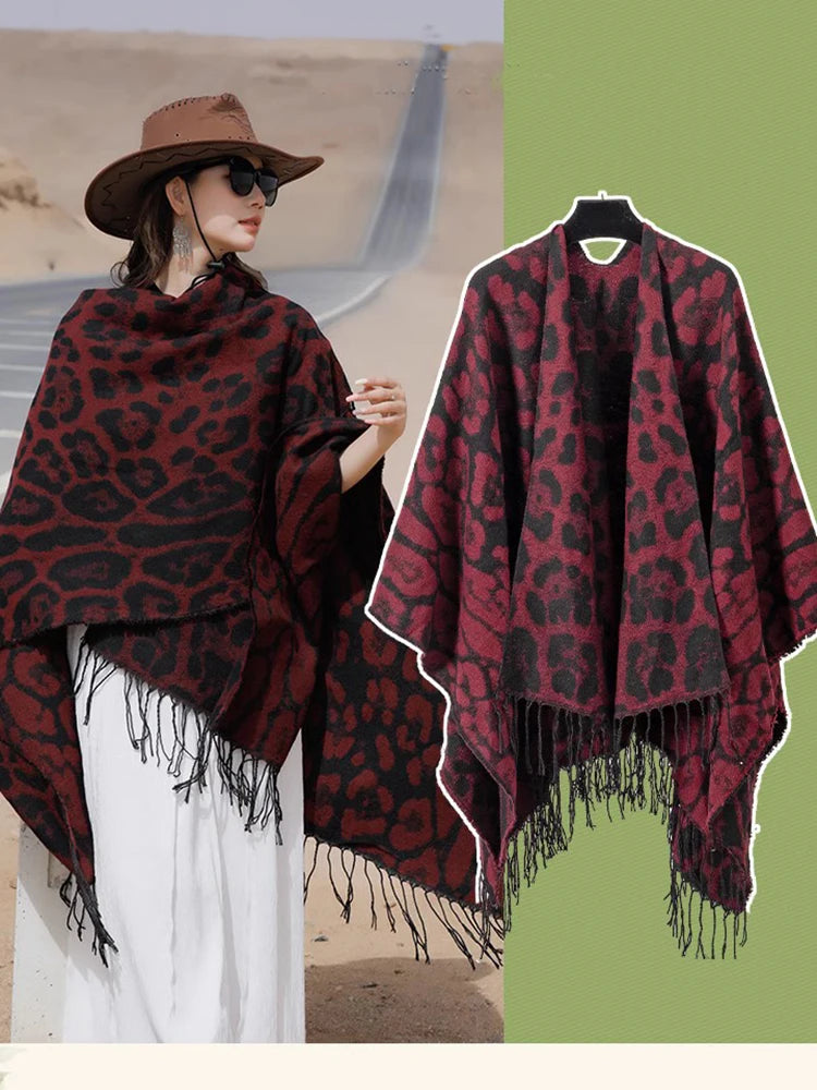 Vintage Boho Leopard Print Soft Over-the-Head Cloaks With Tassels