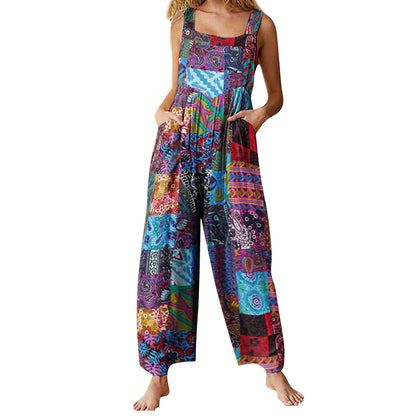 Sizes to 5XL!!!  Captivating Boho Overalls, Multicolor, Square Neck, Sleeveless Casual Jumpsuit with Pockets