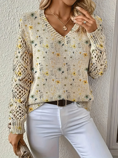 Boho Floral Print V Neck Crocheted Long Sleeved Sweater with Hollowed Out Knit Sleeves in 12 Different Designs
