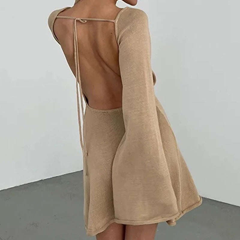 Backless Round Collar Cover-Ups Sheer Beachwear Stylish Horn Sleeve Wrap Dress