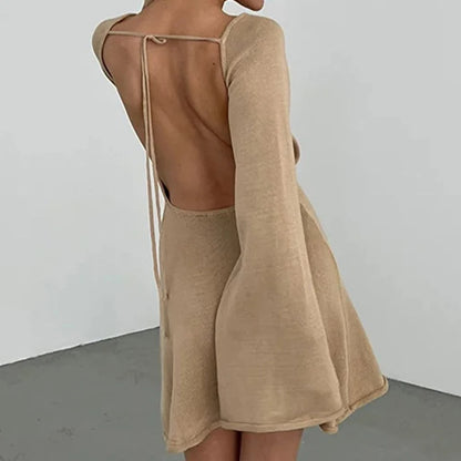 Backless Round Collar Cover-Ups Sheer Beachwear Stylish Horn Sleeve Wrap Dress