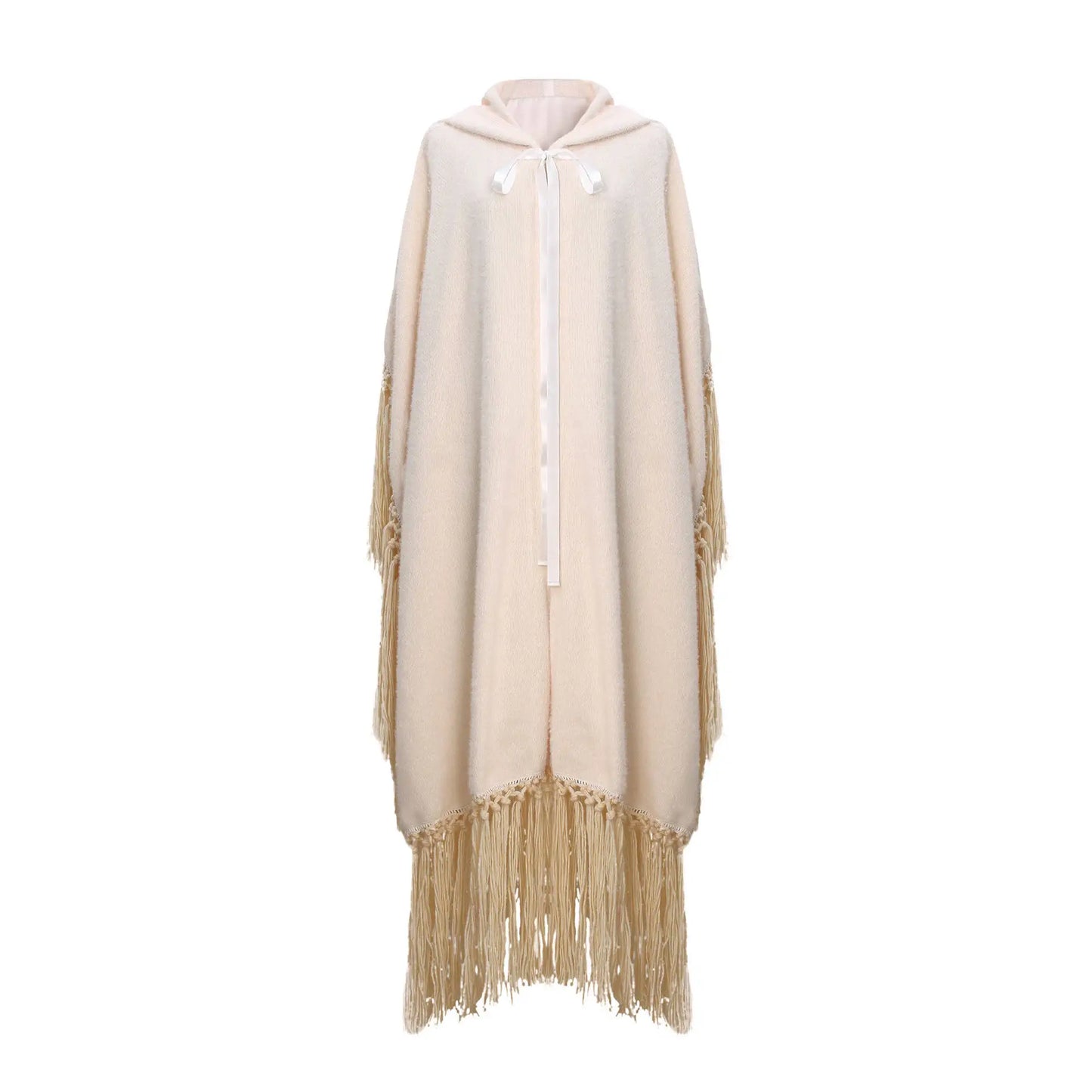Boho Tassels Handmade Knitted Capes Thick Warm Ethnic Cloak Poncho (Red and Off White)
