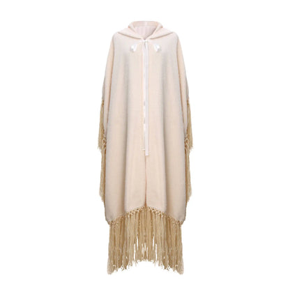 Boho Tassels Handmade Knitted Capes Thick Warm Ethnic Cloak Poncho (Red and Off White)