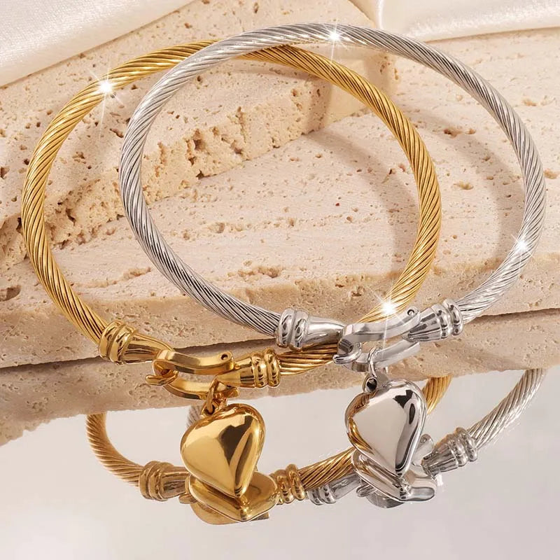Stainless Steel Gold Color Heart Pendant Bracelets, Charm Bangle Bracelets, Waterproof Jewelry
