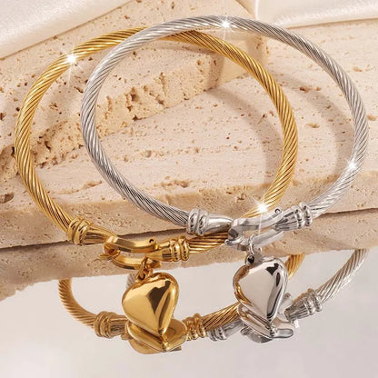 Stainless Steel Gold Color Heart Pendant Bracelets, Charm Bangle Bracelets, Waterproof Jewelry