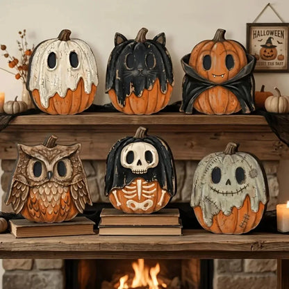Halloween Interior Autumn Decorations, Retro Wooden Blocks, Shelf Decoration: Ghosts Black Cats, Pumpkins, Skeleton's Witch