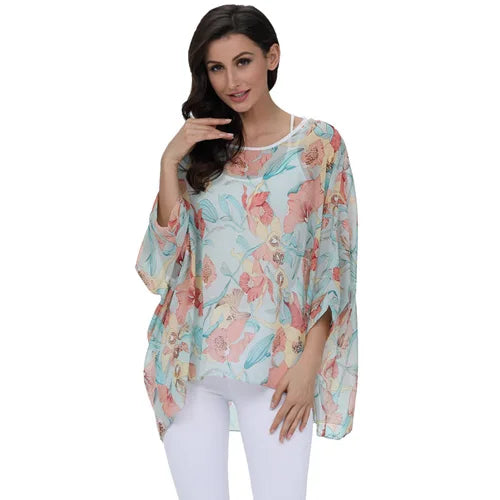 50 patterns to choose from, Plus Size, Boho Batwing Casual Sheer Chiffon Summer Top