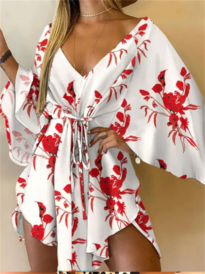 Boho Print Mini Dress or Beach Cover-Up in 12 different Prints, V-Neck, Bat Sleeves, Short Angular Hem, Gathered Waist