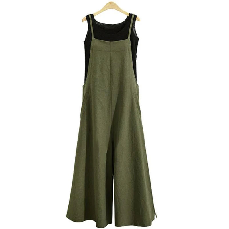 Spaghetti Strapped Jumpsuit to Sizes 5XL. Solid Color, Wide Leg Pants. Bibbed Overalls with Pockets. Casual, Loose, Cotton Linen