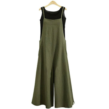 Spaghetti Strapped Jumpsuit to Sizes 5XL. Solid Color, Wide Leg Pants. Bibbed Overalls with Pockets. Casual, Loose, Cotton Linen