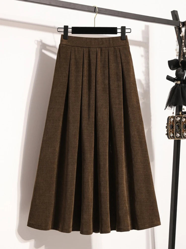 Sizes to 4XL, Pleated Solid Color Maxi Skirt with Elastic Back Waistband