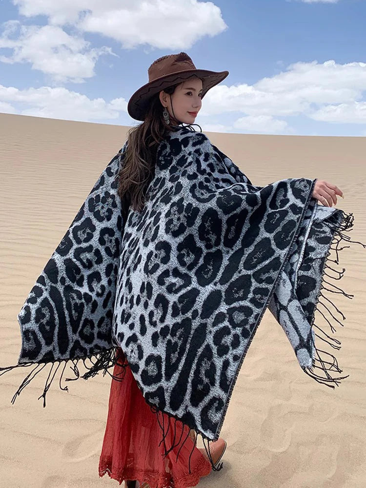 Vintage Boho Leopard Print Soft Over-the-Head Cloaks With Tassels