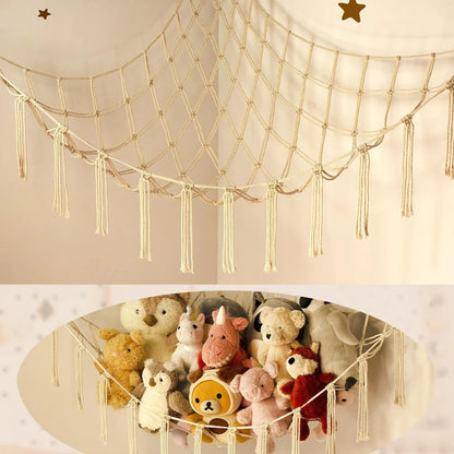 9 different colors of this Boho Macrame Stuffed Animal Hammock Cotton Tassel Toy Storage Net, Hanging Organizer