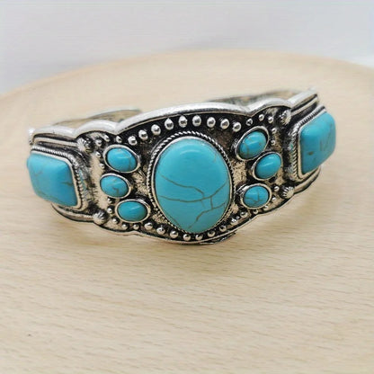 Vintage Bohemian Jewelry Cuff Bracelet with Faux Turquoise Opening Adjustable