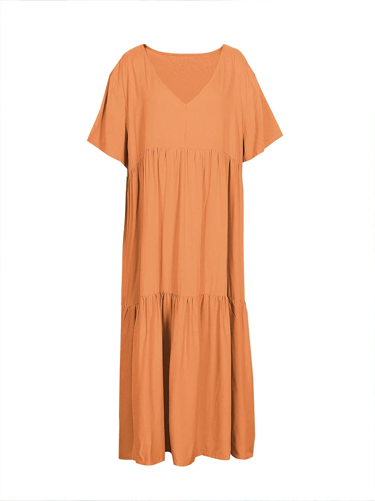 Sizes to 5XL, Loose Casual Midi Dress, V-neck, Short Loose Sleeves