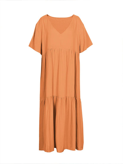Sizes to 5XL, Loose Casual Midi Dress, V-neck, Short Loose Sleeves