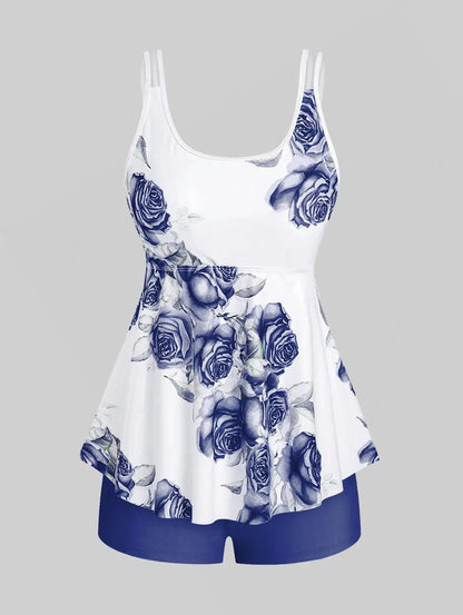 Sizes to 5XL. High Waisted Rose Print Modest Tankini Swimsuit