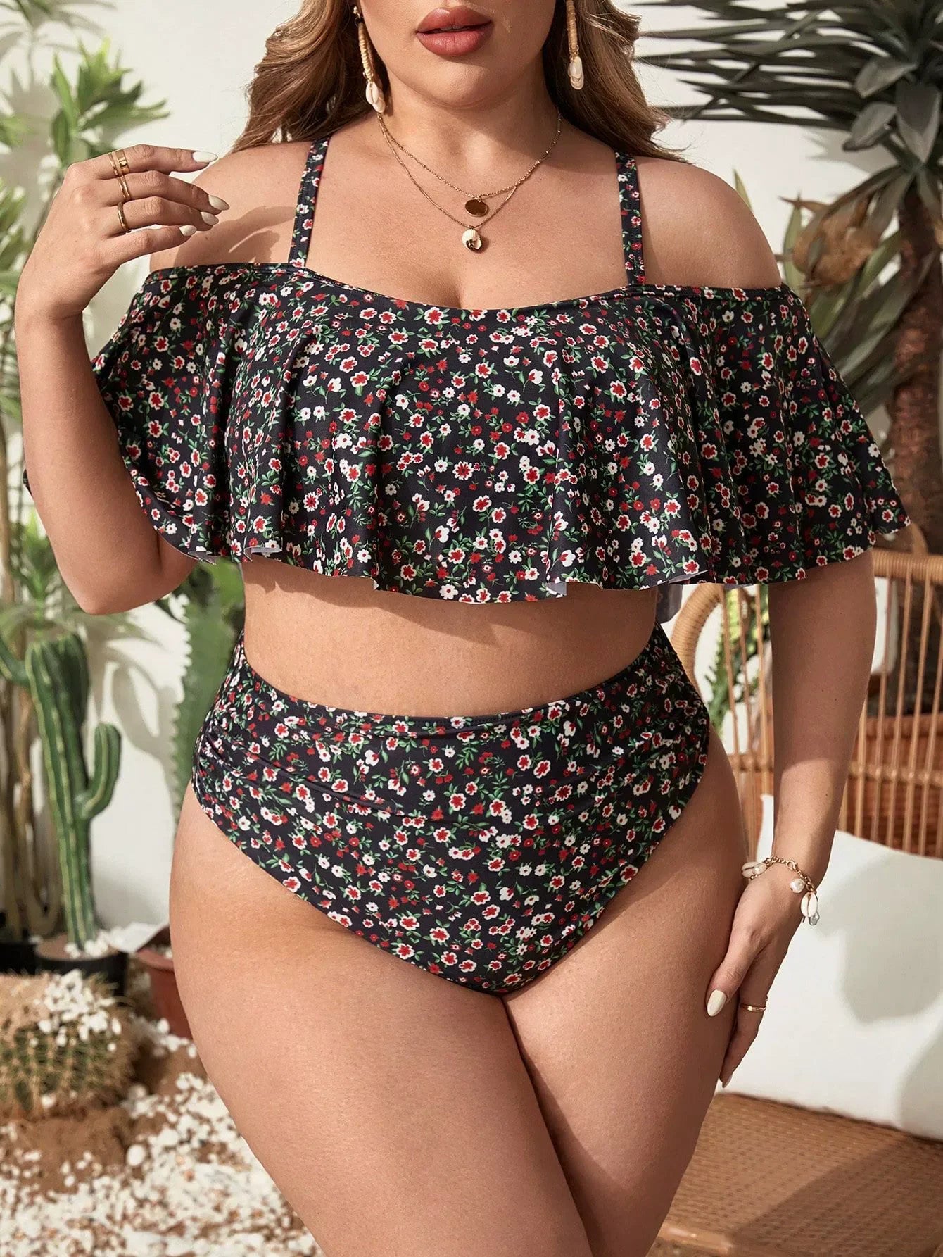 Sizes to 4XL, Two Piece Sets, Adjustable Spaghetti Straps, Ruffled Top Cover