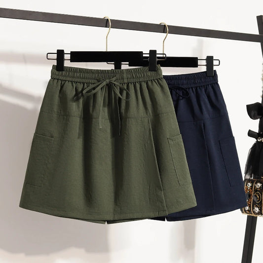 Sizes to 4XL  High-Waisted Casual Shorts Skirt With Elastic Waistband and a Cover Flap