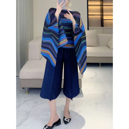 Pleated Striped Shawl, Fashionable Striped, Casual Outerwear, Versatile, Bat Sleeve Cape
