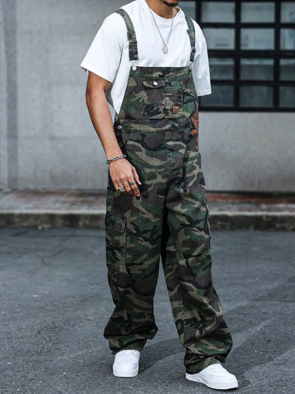 Denim Camo Overalls Adjustable straps Wide legs