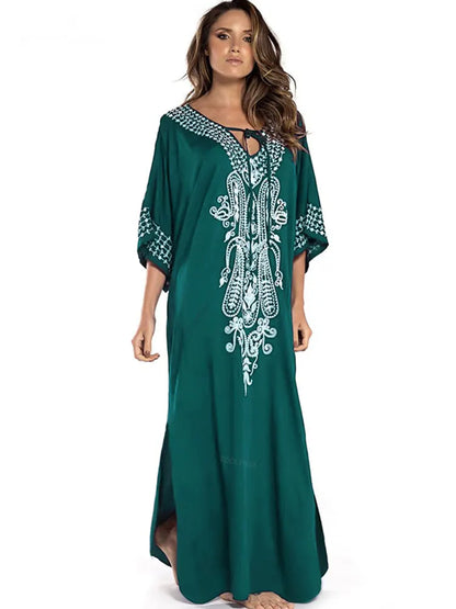 Embroidered 3/4 Sleeve Cotton Kaftan Swimsuit Cover Up Lounging Robe . 14 Designs