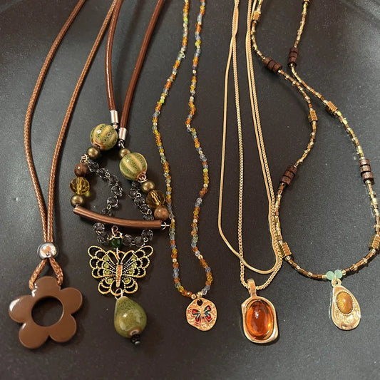 Vintage Brown Natural Stone Pendant Long Leather Cord Necklaces