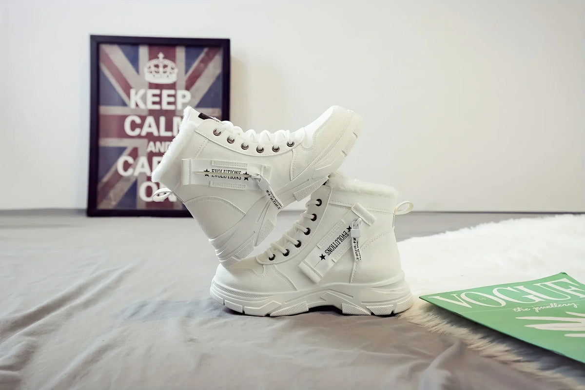 Short Snow Boots, Anti‑Slip, Warm Fur Lined, Lace-Up Casual Ankle Boots, Come in Black, White, Tan