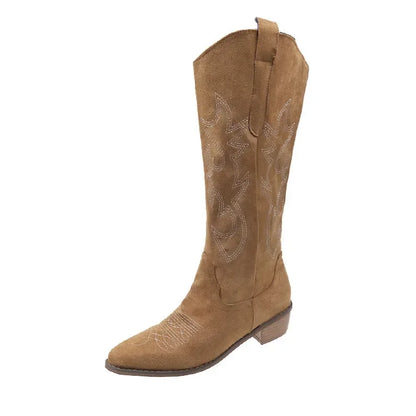 Embroidered Western Cowgirl Knee Boots with Pointed Toes and Thick Heels, High Knee Boots, PU Leather in Light and Medium Brown, Beige, and Pink