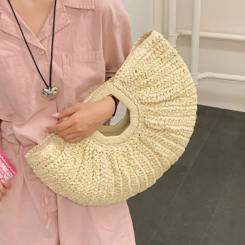 Straw Half-moon Rattan Handbag Handmade Handle Kintted Tote Bag