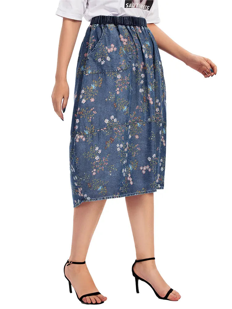 Sizes to 5XL Casual Denim Skirt High Waist ALine Knee Length Blue Vintage Gathered at Waist