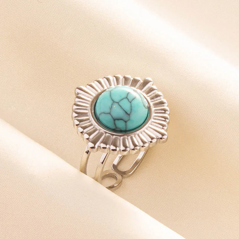 1pc Boho Turquoise Ring Stainless Steel Light Blue Gemstone Silver Adjustable Ring