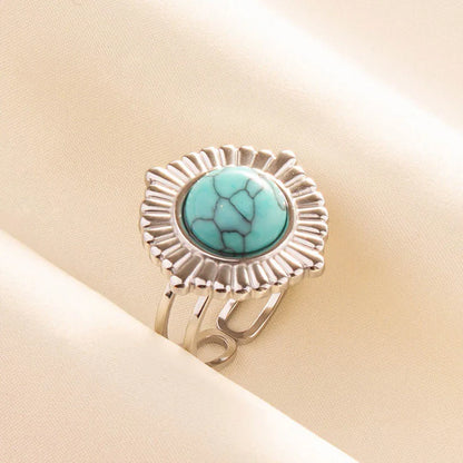 1pc Boho Turquoise Ring Stainless Steel Light Blue Gemstone Silver Adjustable Ring