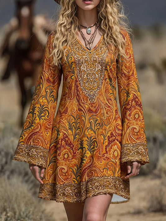 Boho Retro To 2XL V-Neck Paisley Orange Yellow Bell Sleeve Dress Loose A-Line Midi Dress