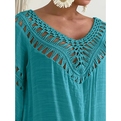 Sizes to 4XL Boho Bamboo cotton long-sleeved crochet dress with tassel decoration,