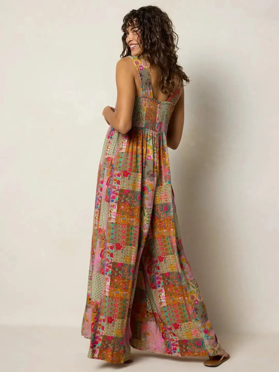 Sizes to 5XL,  Wide Strap, Square Neck, Printed, Loose Wide Leg Jumpsuit