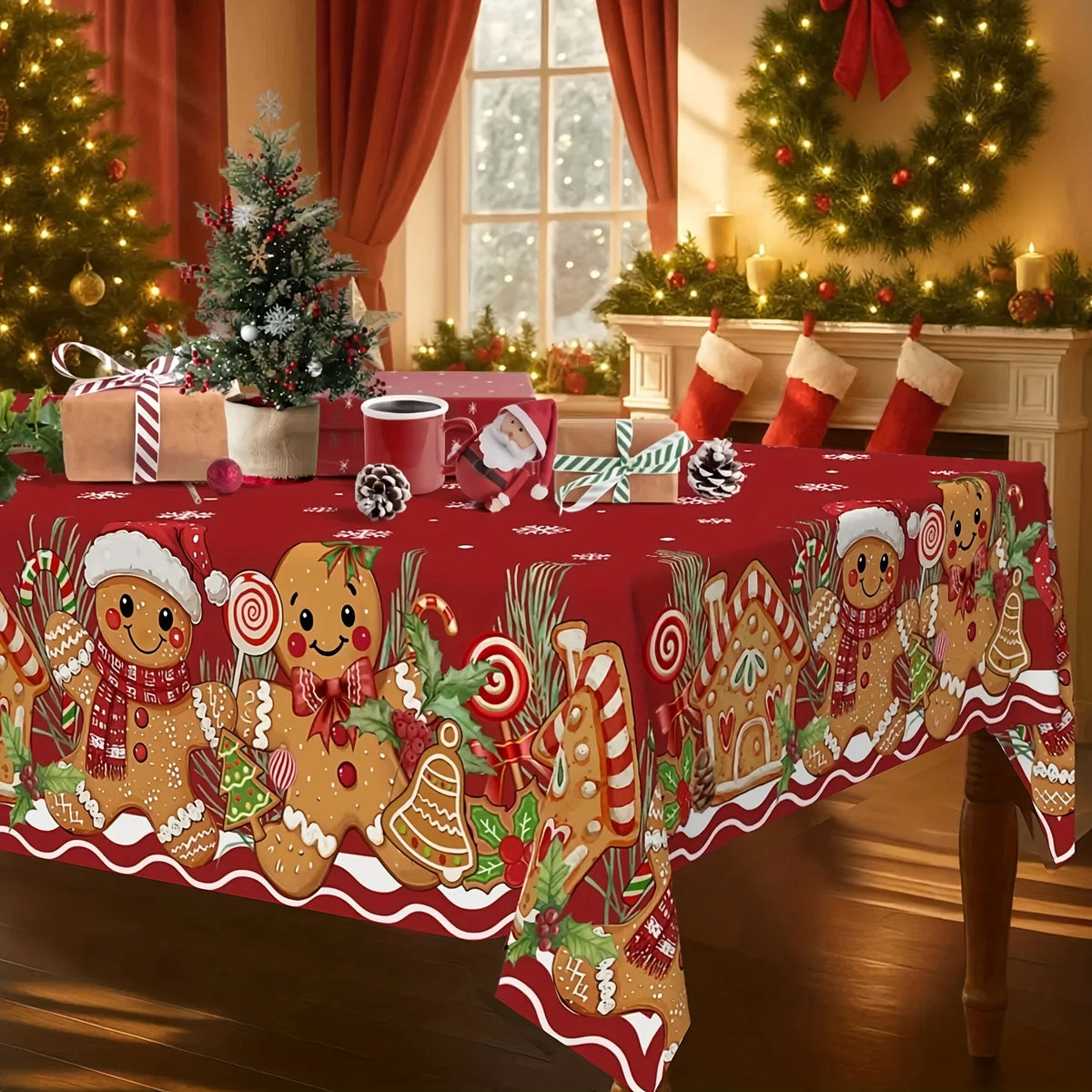 Festive Red Christmas Gingerbread Tablecloth
