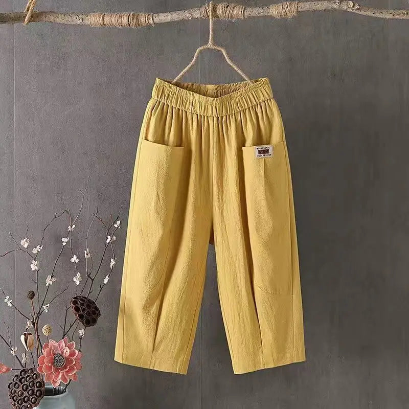 Cotton Linen Cropped 3/4 Length Pants, Loose, Linen with Elastic Waist and Pockets
