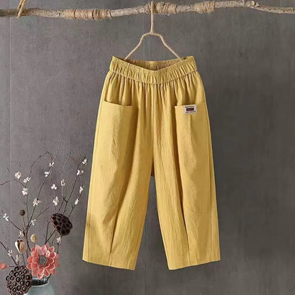 Cotton Linen Cropped 3/4 Length Pants, Loose, Linen with Elastic Waist and Pockets