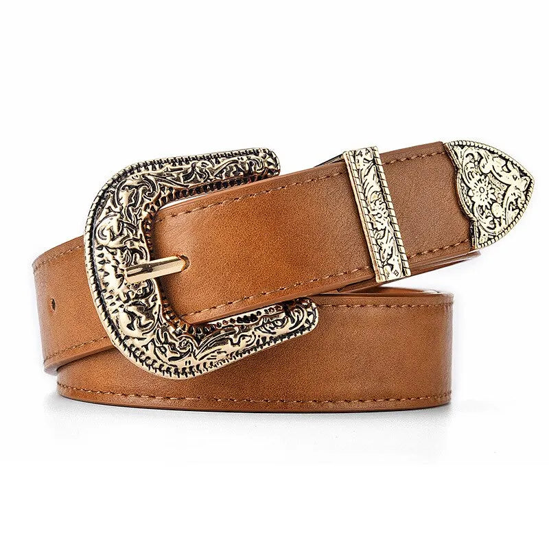 Vintage Carved Needle Buckle Belt PU Leather Belt