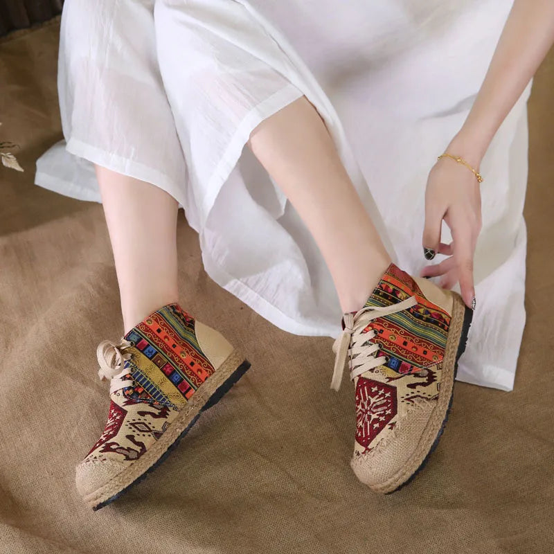 Boho Cotton Linen Canvas Round Toe Lace Up Cloth Shoes Size 35-44