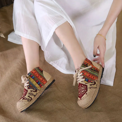 Boho Cotton Linen Canvas Round Toe Lace Up Cloth Shoes Size 35-44