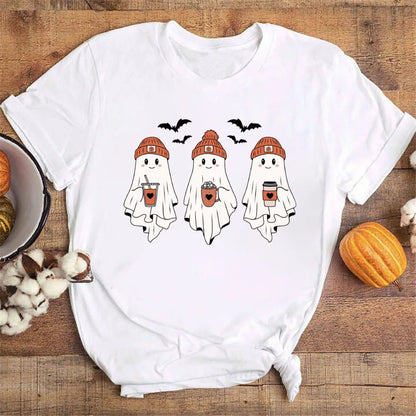 Cute Ghost Halloween T-Shirt, Short Sleeves. In Orange, Black, and White